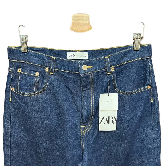 Zara Cropped ZW Premium Straight Leg Dark Wash Jeans Blue Size US 12 - Picture 2 of 12
